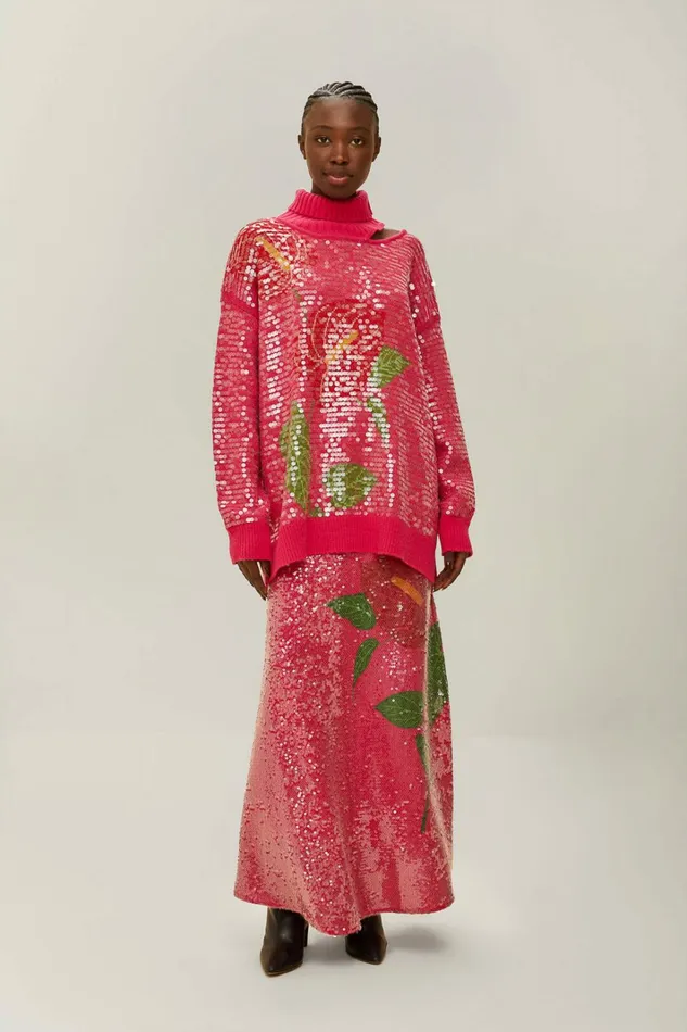Pink Anthurium Flowers Sequins Midi Skirt Women FARM Rio Skirts