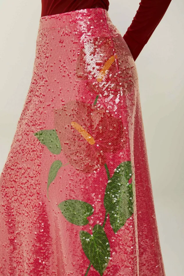 Pink Anthurium Flowers Sequins Midi Skirt Women FARM Rio Skirts Pink Anthurium Flowers Sequins Midi Skirt Women FARM Rio Skirts