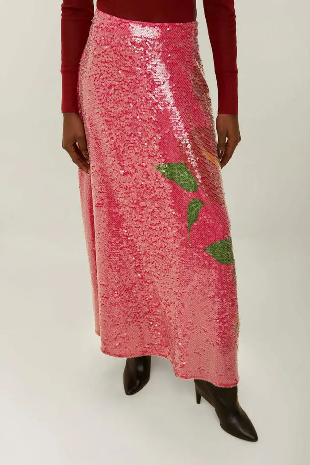 Pink Anthurium Flowers Sequins Midi Skirt Women FARM Rio Skirts Pink Anthurium Flowers Sequins Midi Skirt Women FARM Rio Skirts