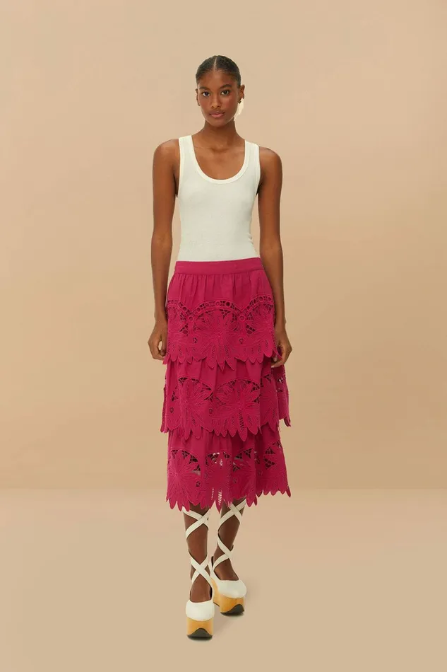 Pink Daisy Embroidered Midi Skirt Women FARM Rio Skirts