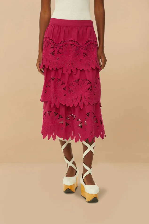 Pink Daisy Embroidered Midi Skirt Women FARM Rio Skirts Pink Daisy Embroidered Midi Skirt Women FARM Rio Skirts