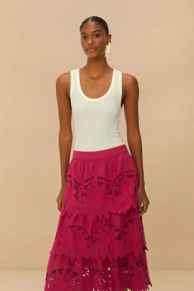 Pink Daisy Embroidered Midi Skirt Women FARM Rio Skirts Pink Daisy Embroidered Midi Skirt Women FARM Rio Skirts