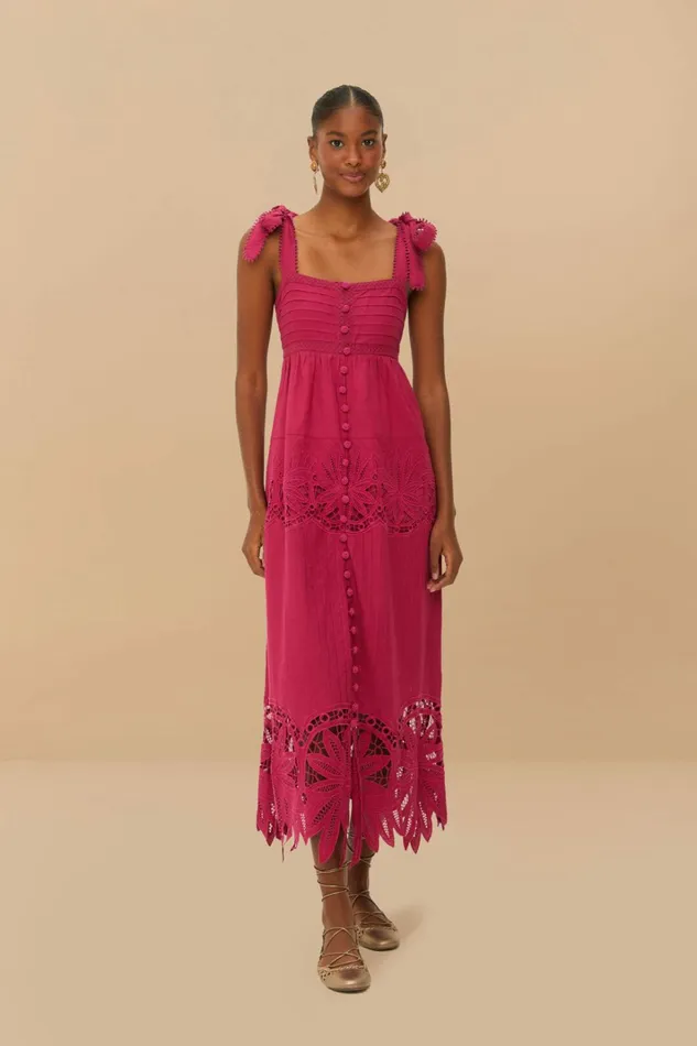 Pink Daisy Embroidered Sleeveless Midi Dress Women FARM Rio Midi Dresses