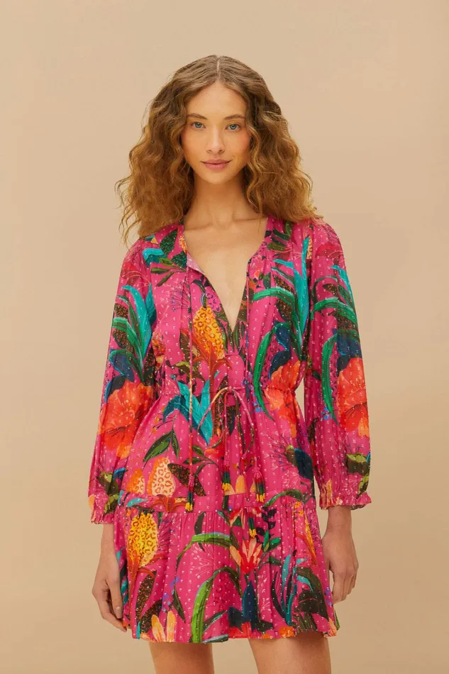 Pink Leopard Flowers Mini Dress Women FARM Rio Mini Dresses