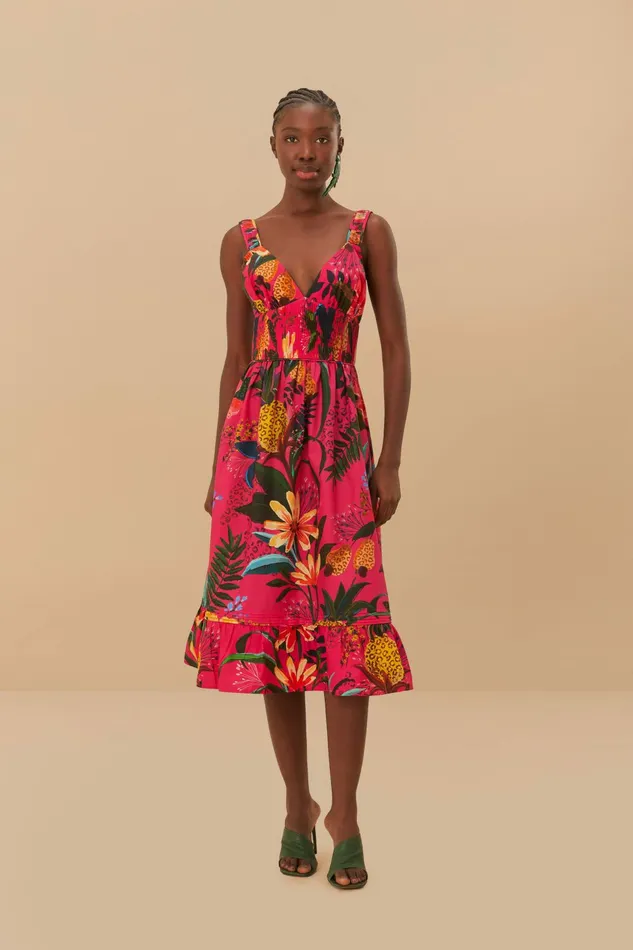 Pink Leopard Flowers Organic Cotton Midi Dress Women FARM Rio Midi Dresses