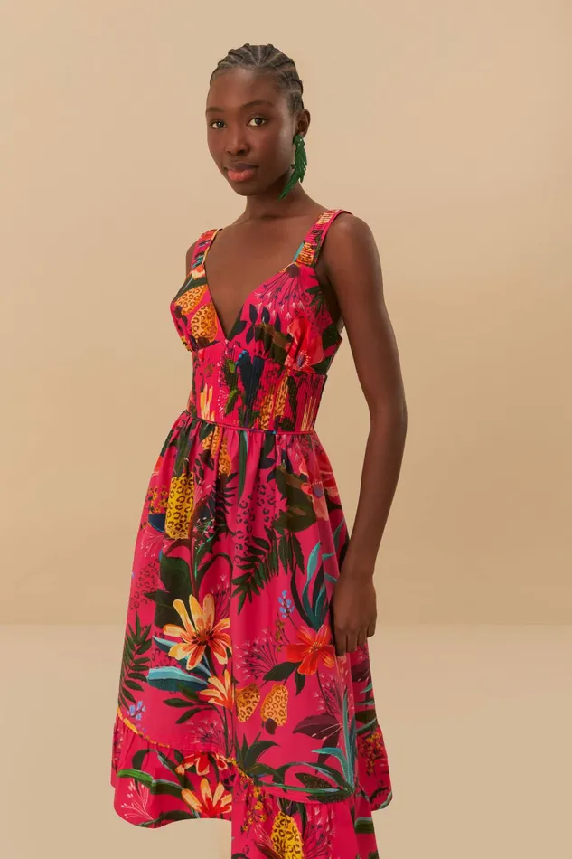 Pink Leopard Flowers Organic Cotton Midi Dress Women FARM Rio Midi Dresses Pink Leopard Flowers Organic Cotton Midi Dress Women FARM Rio Midi Dresses