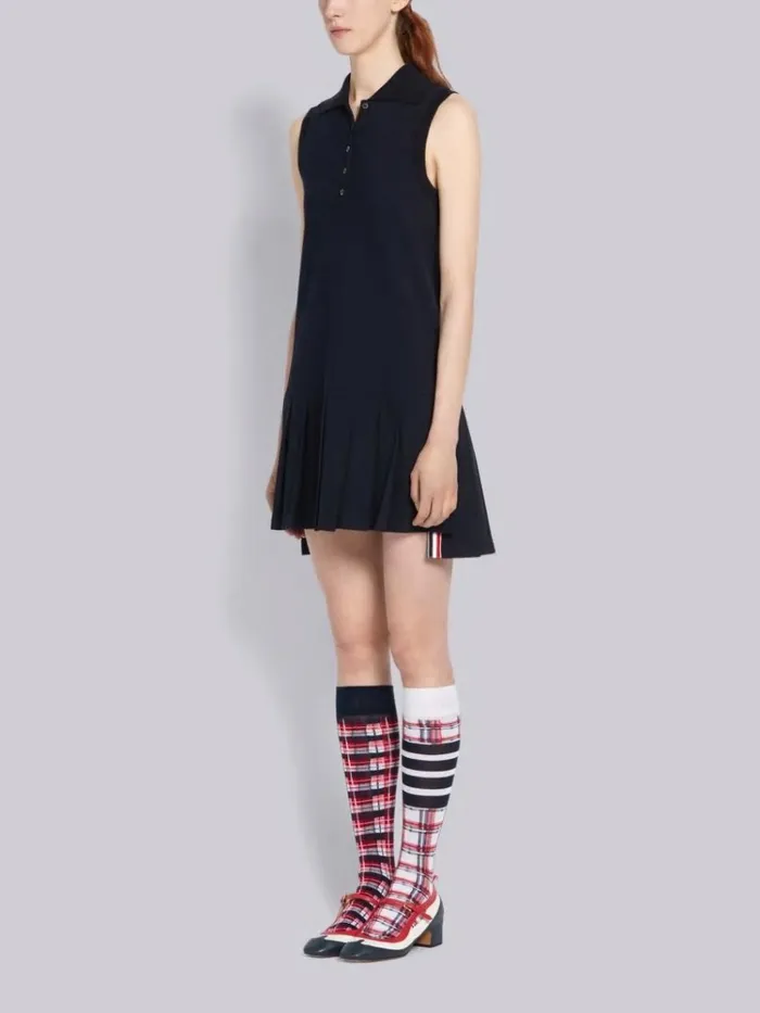 Pique Center Back Rwb Stripe Sleeveless Pleated Tennis Dress Navy Women Thom Browne Dresses