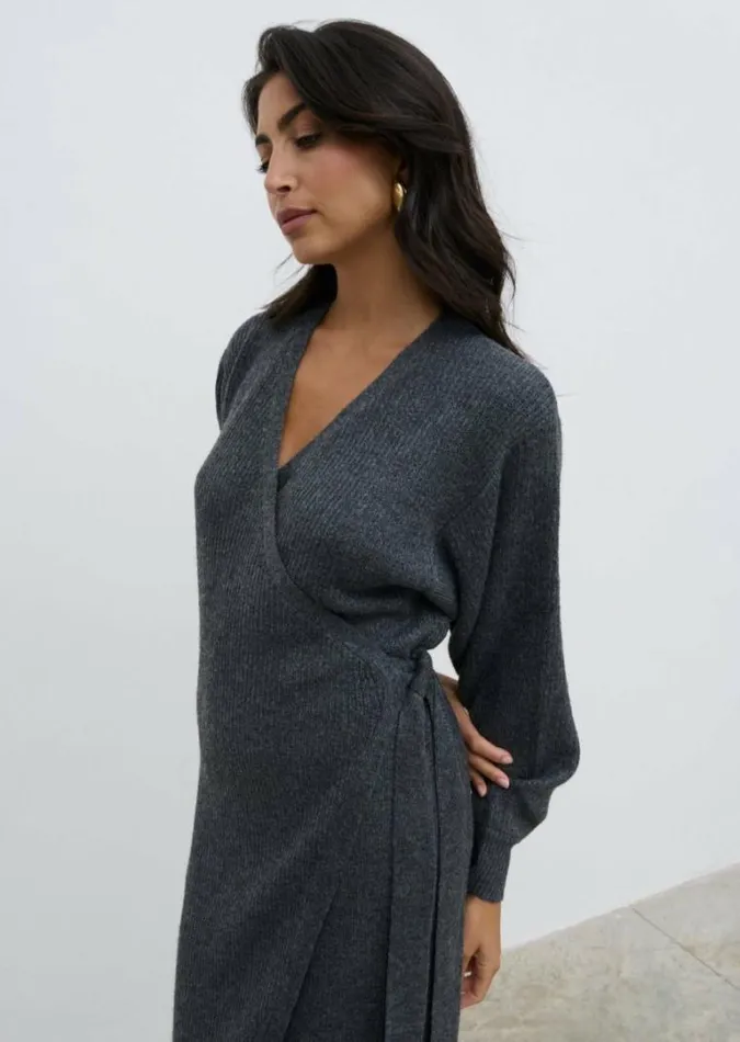Pretty Lavish Dresses Kinsley Ribbed Wrap Dress Grey 8211 Women