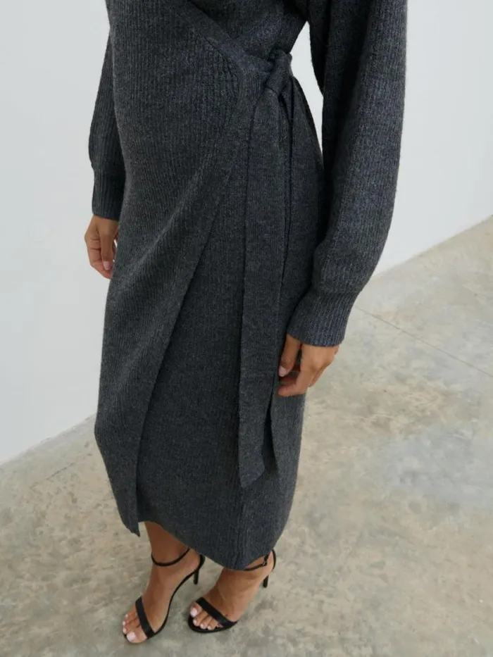 Pretty Lavish Dresses Kinsley Ribbed Wrap Dress Grey 8211 Women