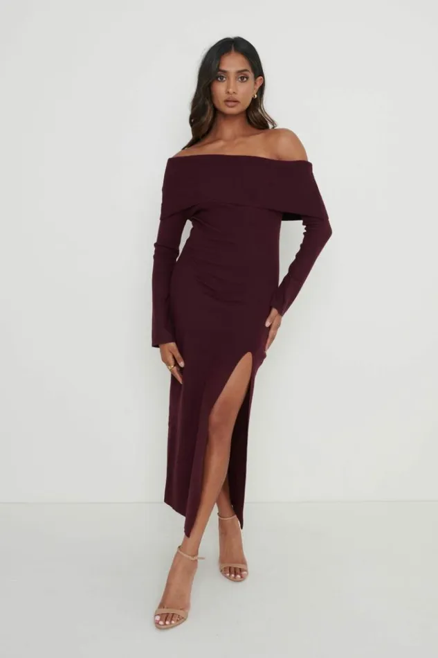 Pretty Lavish Dresses Payton Asymmetric Bardot Knit Dress Red 8211 Women