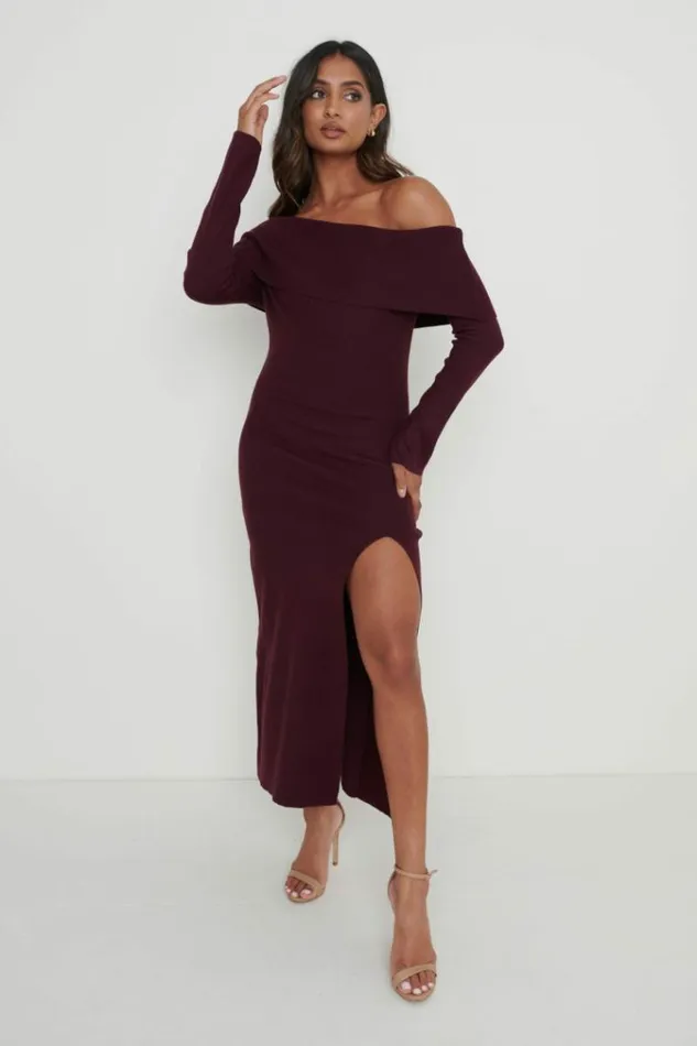 Pretty Lavish Dresses Payton Asymmetric Bardot Knit Dress Red 8211 Women
