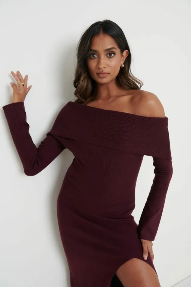 Pretty Lavish Dresses Payton Asymmetric Bardot Knit Dress Red 8211 Women