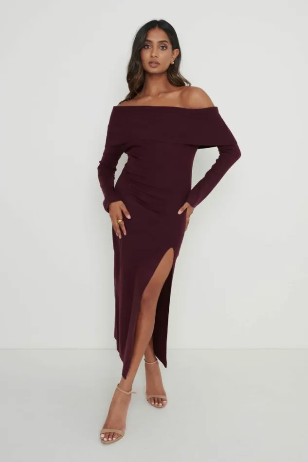 Pretty Lavish Dresses Payton Asymmetric Bardot Knit Dress Red 8211 Women