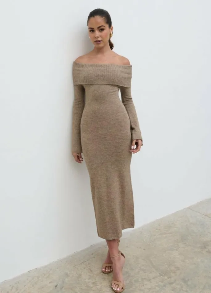 Pretty Lavish Dresses Soreya Bardot Soft Knit Dress Brown 8211 Women