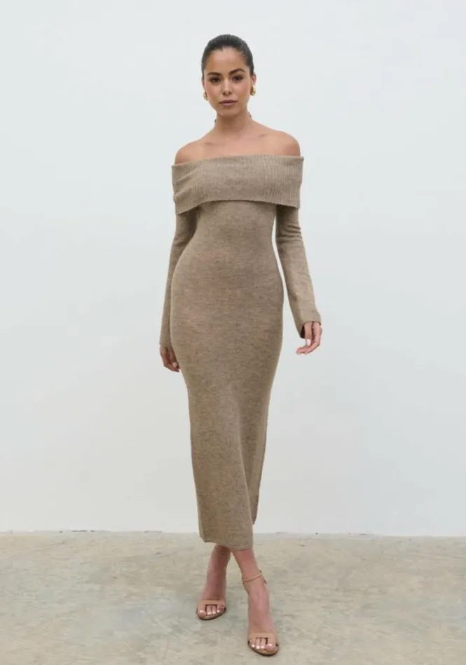 Pretty Lavish Dresses Soreya Bardot Soft Knit Dress Brown 8211 Women