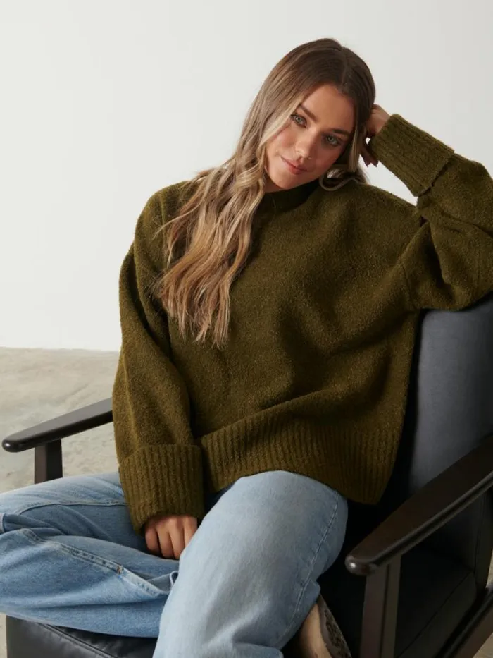 Pretty Lavish Knitwear Camille Oversized Borg Jumper Olive 8211 Women