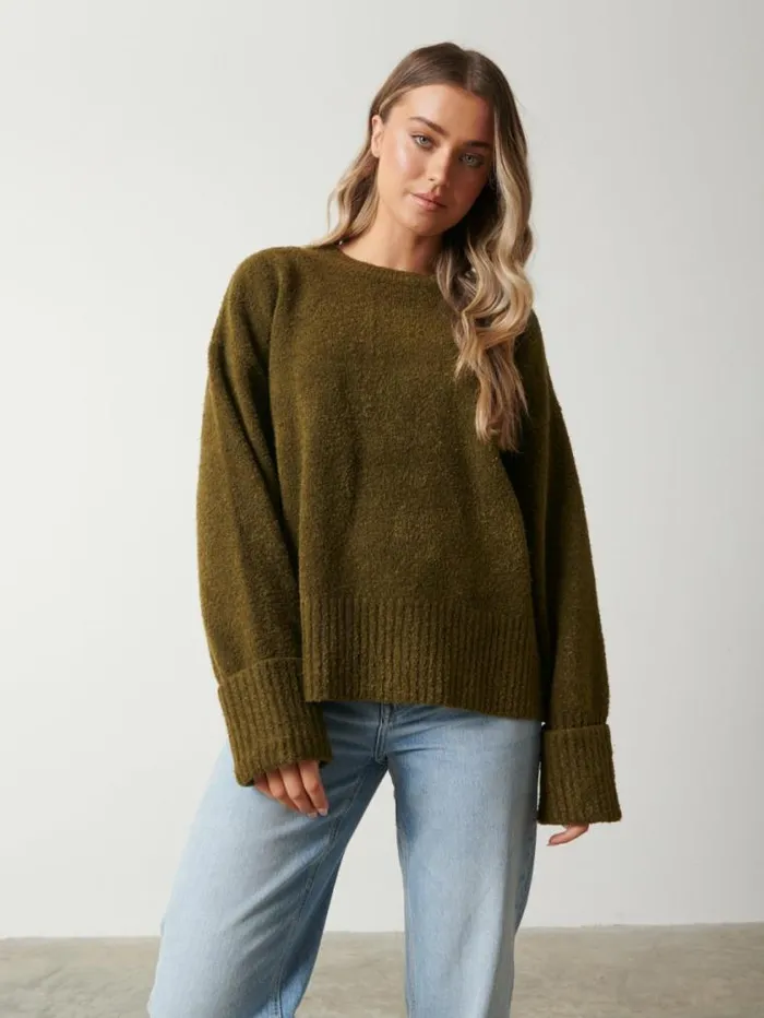 Pretty Lavish Knitwear Camille Oversized Borg Jumper Olive 8211 Women