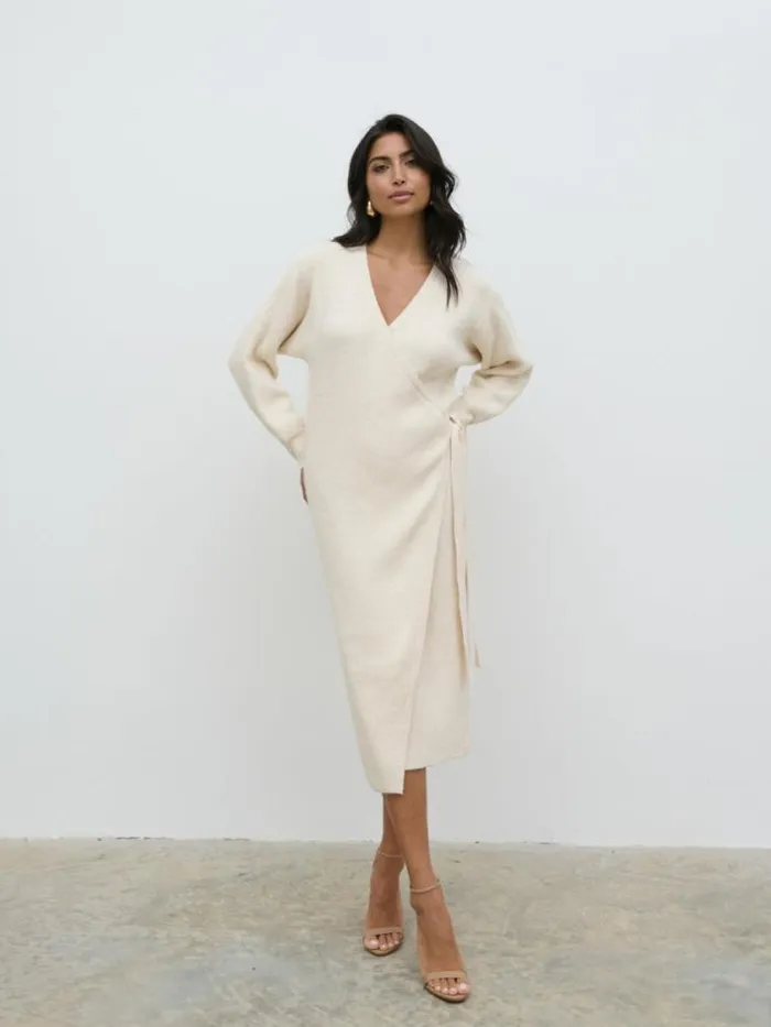 Pretty Lavish Knitwear Kinsley Ribbed Wrap Dress Cream 8211 Women