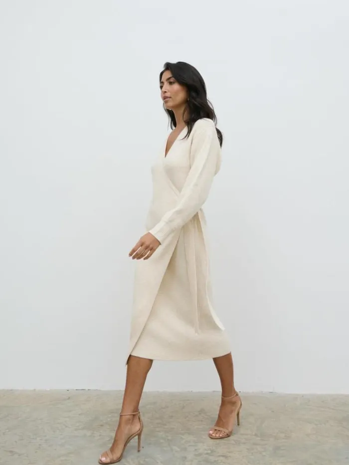 Pretty Lavish Knitwear Kinsley Ribbed Wrap Dress Cream 8211 Women