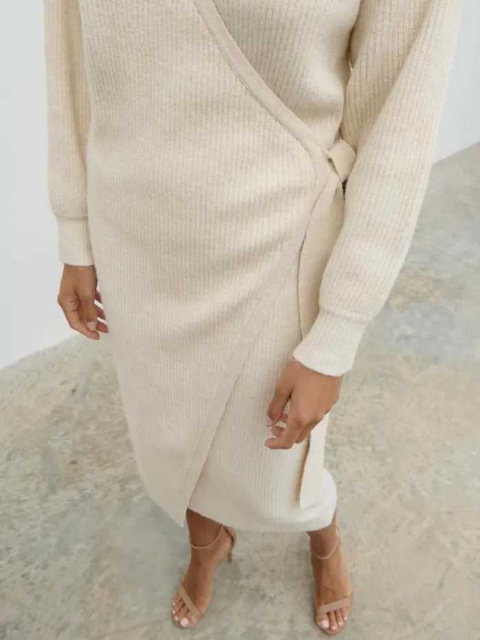 Pretty Lavish Knitwear Kinsley Ribbed Wrap Dress Cream 8211 Women