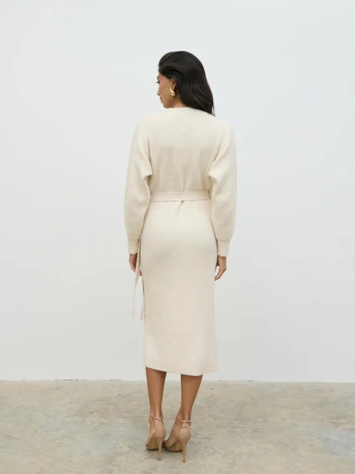Pretty Lavish Knitwear Kinsley Ribbed Wrap Dress Cream 8211 Women