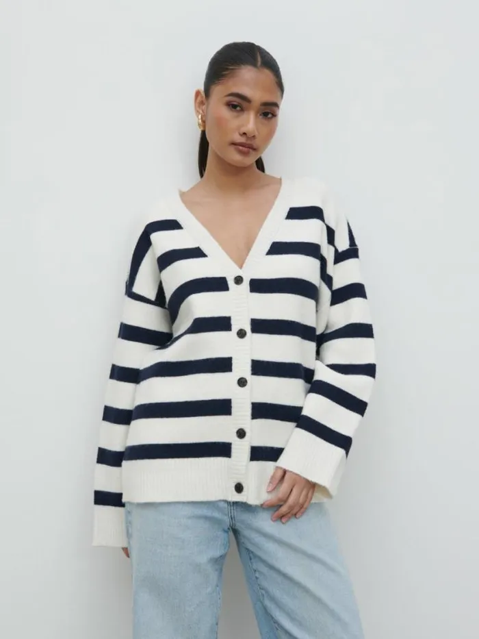 Pretty Lavish Knitwear Makai Oversized Cardigan Cream And Navy Stripe 8211 Women