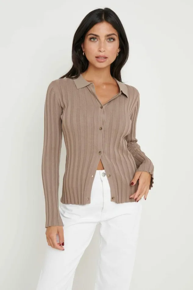 Pretty Lavish Knitwear Micah Ribbed Knit Button Shirt Brown 8211 Women
