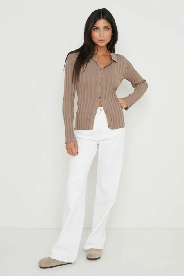 Pretty Lavish Knitwear Micah Ribbed Knit Button Shirt Brown 8211 Women