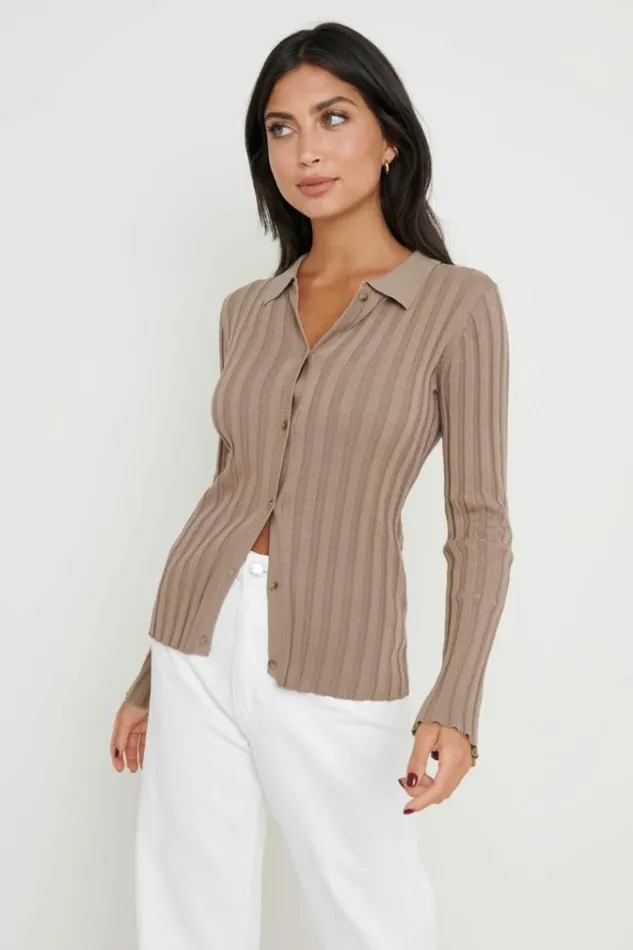 Pretty Lavish Knitwear Micah Ribbed Knit Button Shirt Brown 8211 Women