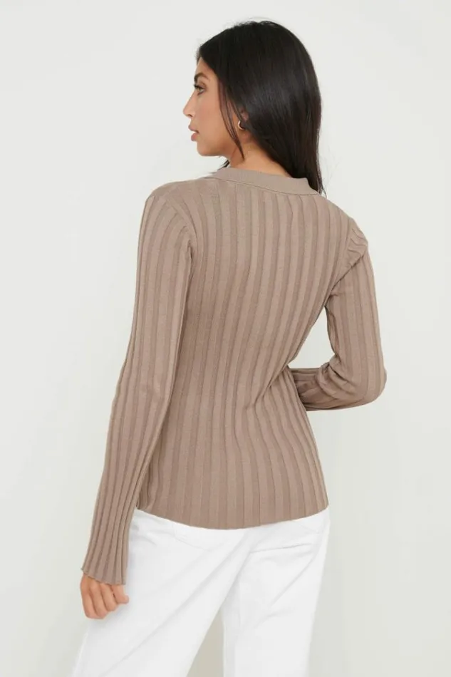 Pretty Lavish Knitwear Micah Ribbed Knit Button Shirt Brown 8211 Women