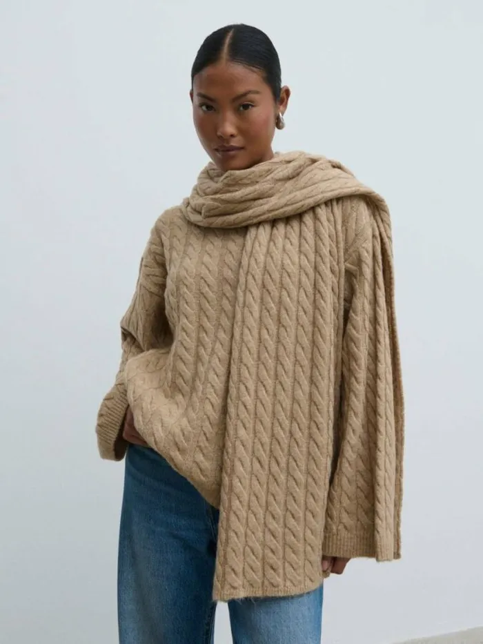 Pretty Lavish Knitwear Palmer Cable Knit Jumper With Scarf Light Brown 8211 Women