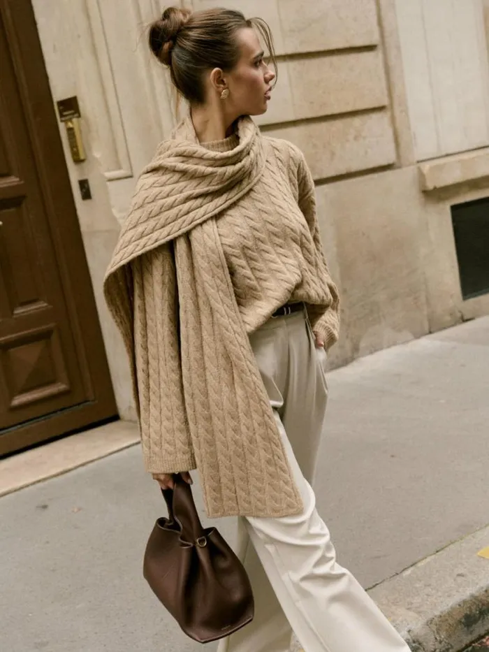 Pretty Lavish Knitwear Palmer Cable Knit Jumper With Scarf Light Brown 8211 Women