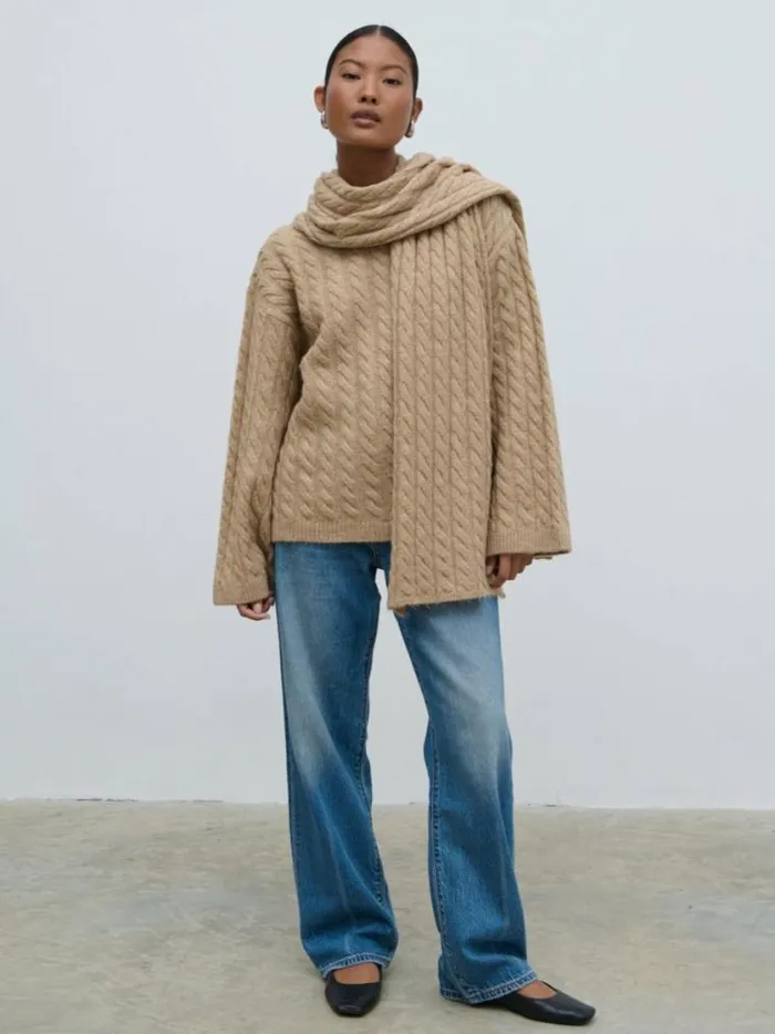 Pretty Lavish Knitwear Palmer Cable Knit Jumper With Scarf Light Brown 8211 Women