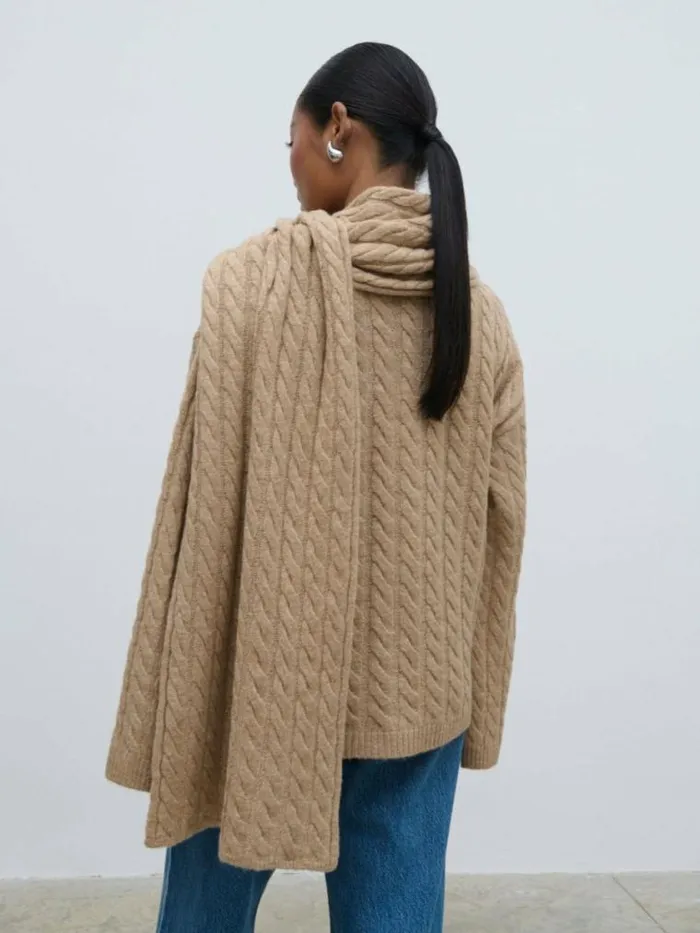 Pretty Lavish Knitwear Palmer Cable Knit Jumper With Scarf Light Brown 8211 Women
