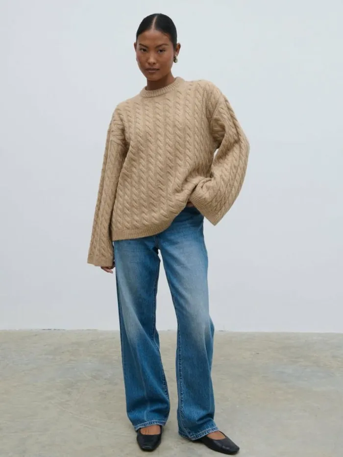 Pretty Lavish Knitwear Palmer Cable Knit Jumper With Scarf Light Brown 8211 Women