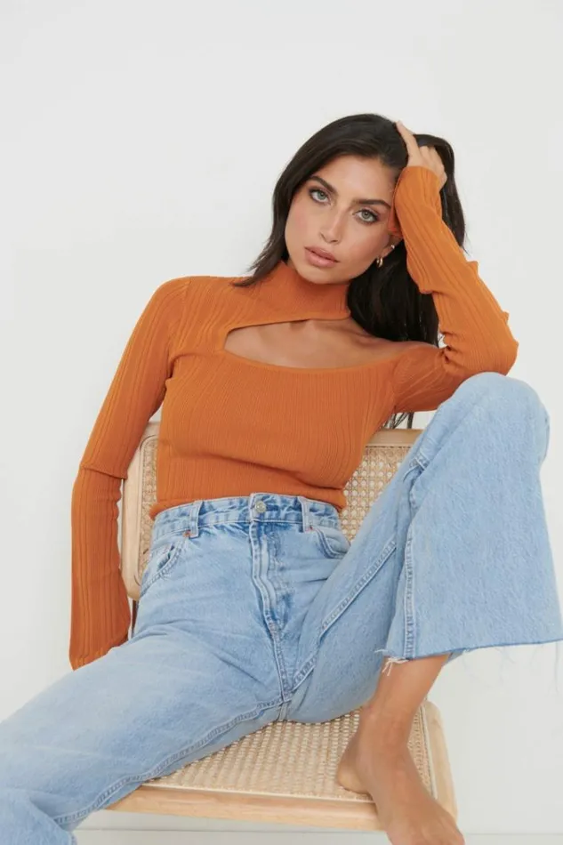 Pretty Lavish Knitwear Presley High Neck Cut Out Knit Top Orange 8211 Women