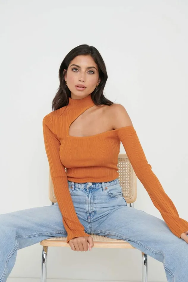 Pretty Lavish Knitwear Presley High Neck Cut Out Knit Top Orange 8211 Women