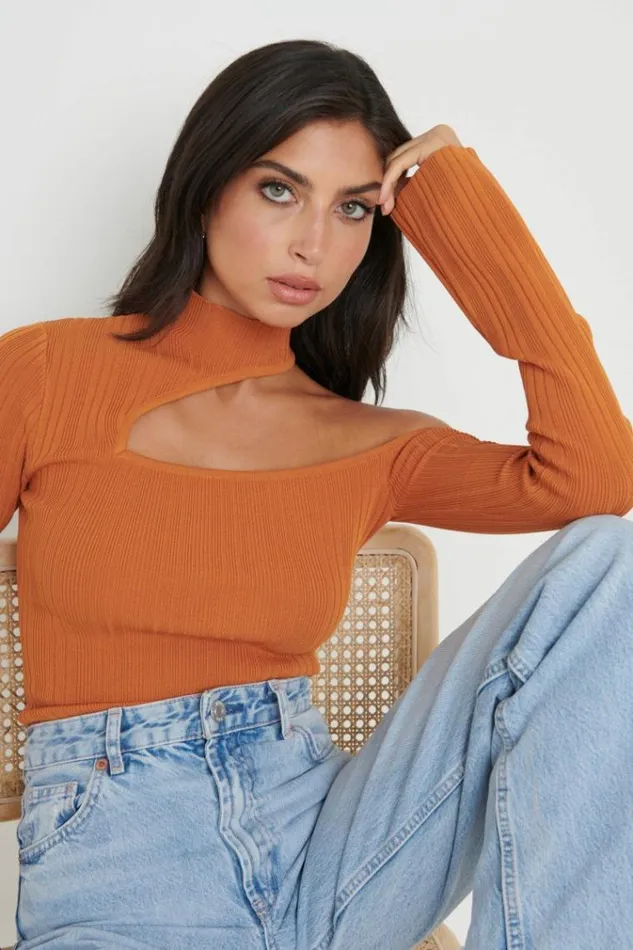 Pretty Lavish Knitwear Presley High Neck Cut Out Knit Top Orange 8211 Women