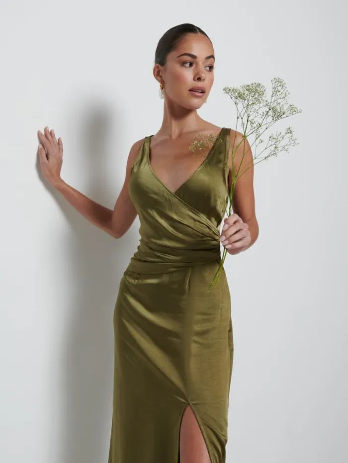 Pretty Lavish Satin Bridesmaid Dresses Esmee Wrap Maxi Bridesmaid Dress Dark Olive 8211 Women
