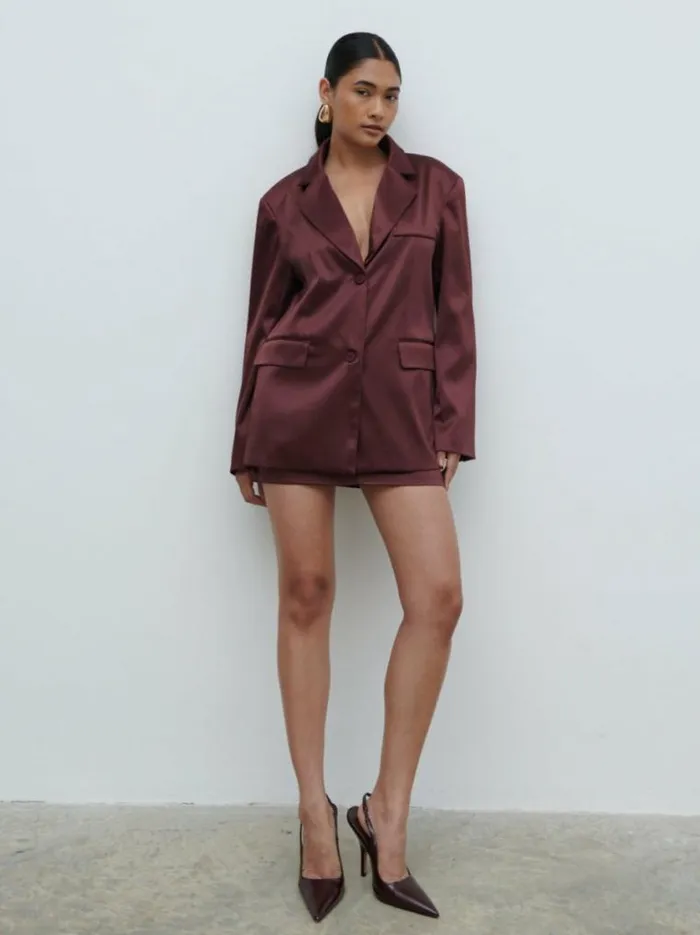 Pretty Lavish Sets Beck Satin Oversized Dad Blazer Wine 8211 Women