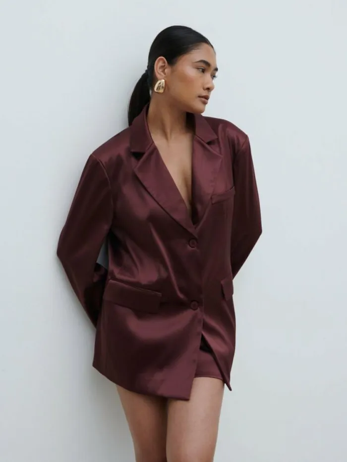 Pretty Lavish Sets Beck Satin Oversized Dad Blazer Wine 8211 Women
