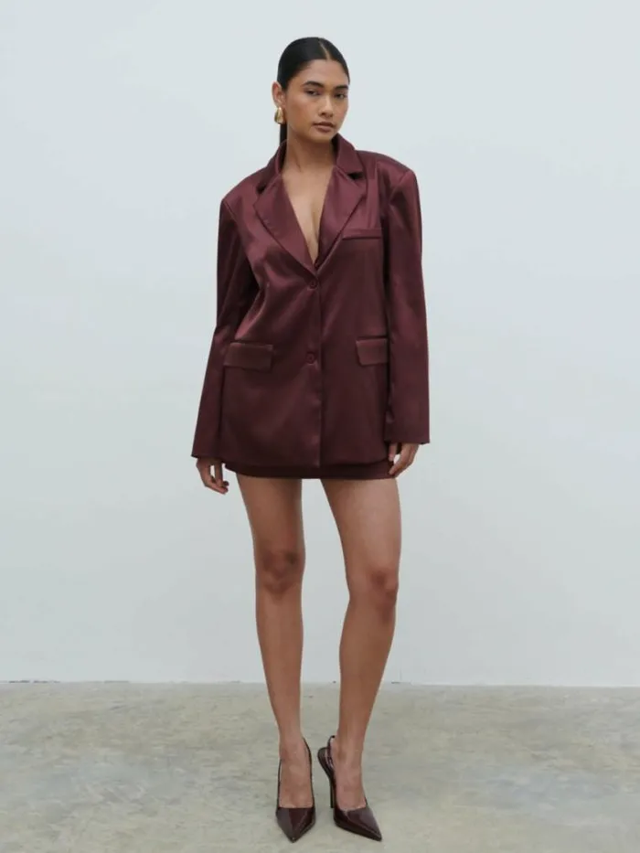 Pretty Lavish Sets Beck Satin Oversized Dad Blazer Wine 8211 Women