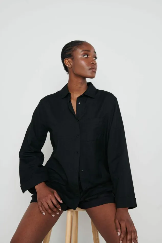 Pretty Lavish Tops Belle Boxy Linen Shirt Black 8211 Women