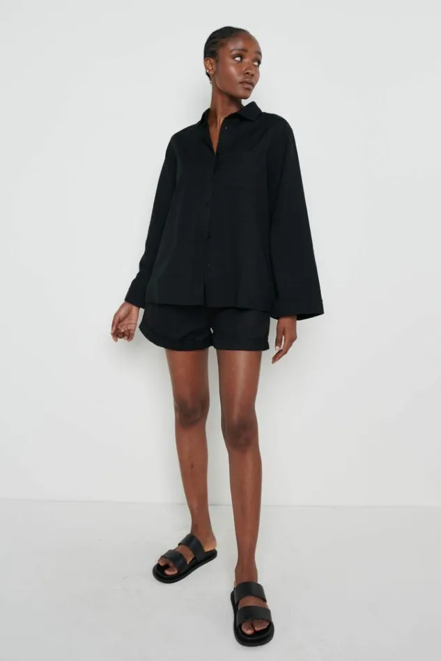Pretty Lavish Tops Belle Boxy Linen Shirt Black 8211 Women