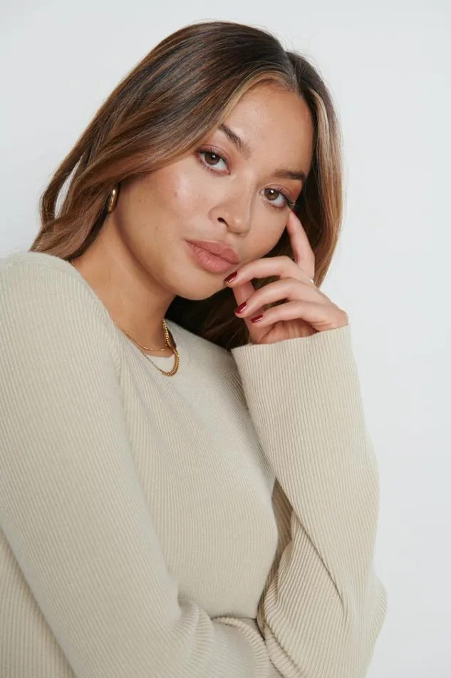 Pretty Lavish Tops Jayla Long Sleeve Knit Top Beige 8211 Women