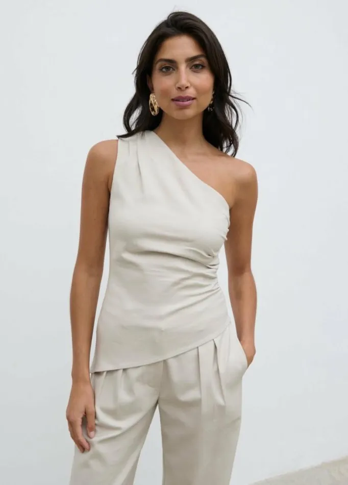 Pretty Lavish Tops Lorna One Shoulder Ruched Top Beige 8211 Women