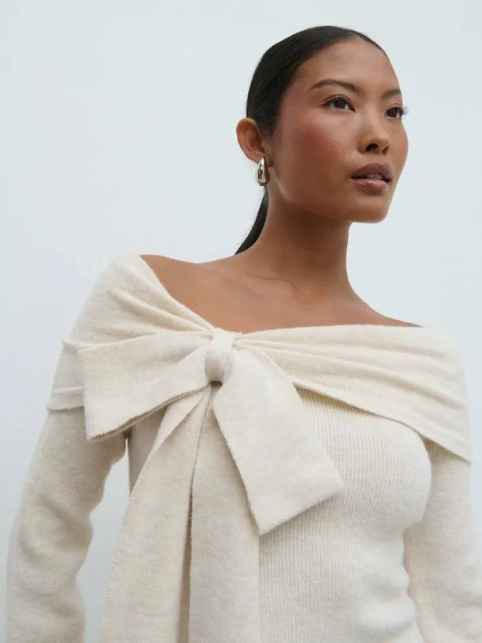 Pretty Lavish Tops Tilda Bardot Bow Knit Top Beige 8211 Women