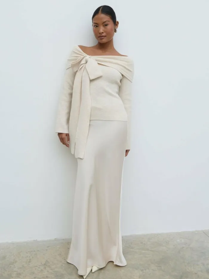 Pretty Lavish Tops Tilda Bardot Bow Knit Top Beige 8211 Women