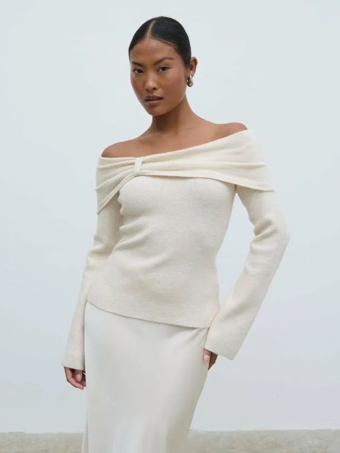 Pretty Lavish Tops Tilda Bardot Bow Knit Top Beige 8211 Women