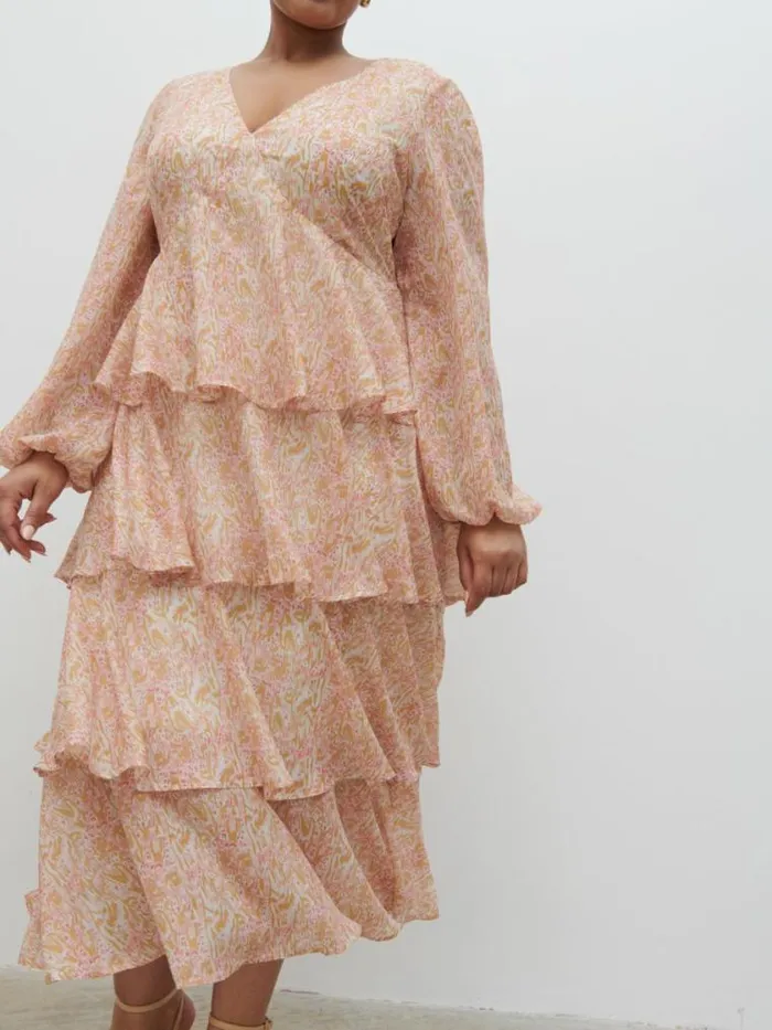 Pretty Lavish Wedding Guest Ashton Ruffle Midi Dress Curve Ditsy Animal Sorbet Print 8211 Women